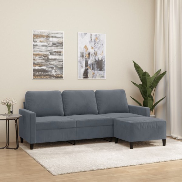 Three-seater sofa with footstool, dark gray, 180cm, velvet