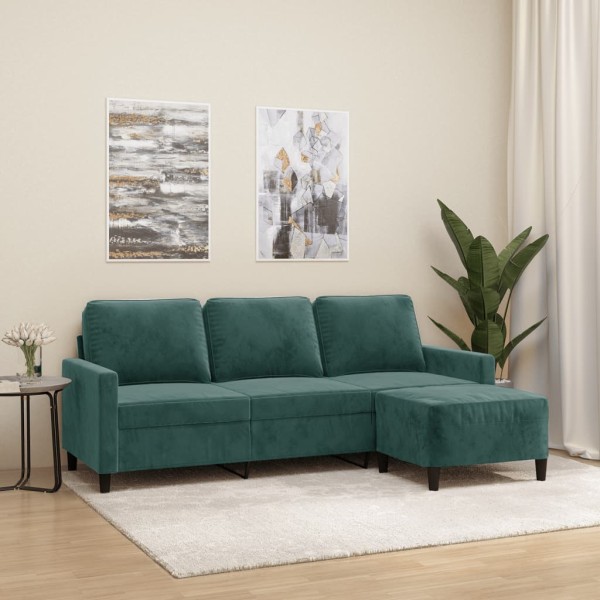 Three-seater sofa with footstool, dark green, 180cm, velvet