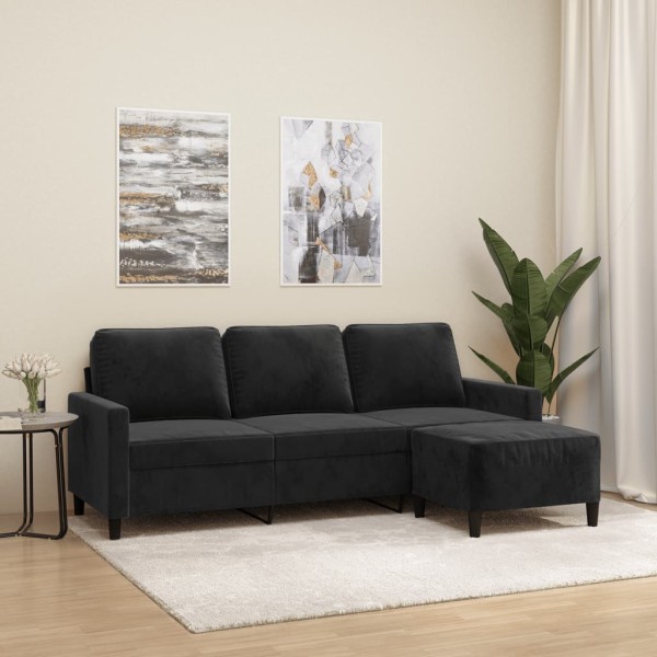 Three-seater sofa with footrest, black, 180cm, velvet