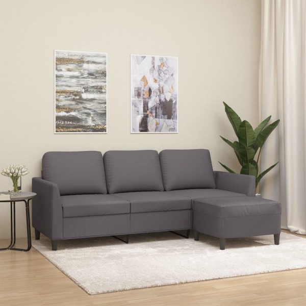 Three-seater sofa with footrest, gray color, 180cm, artificial leather