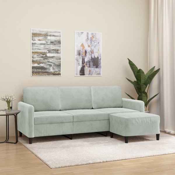 Three-seater sofa with footstool, light gray, 180cm, velvet