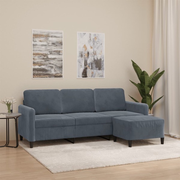 Three-seater sofa with footstool, dark gray, 180cm, velvet