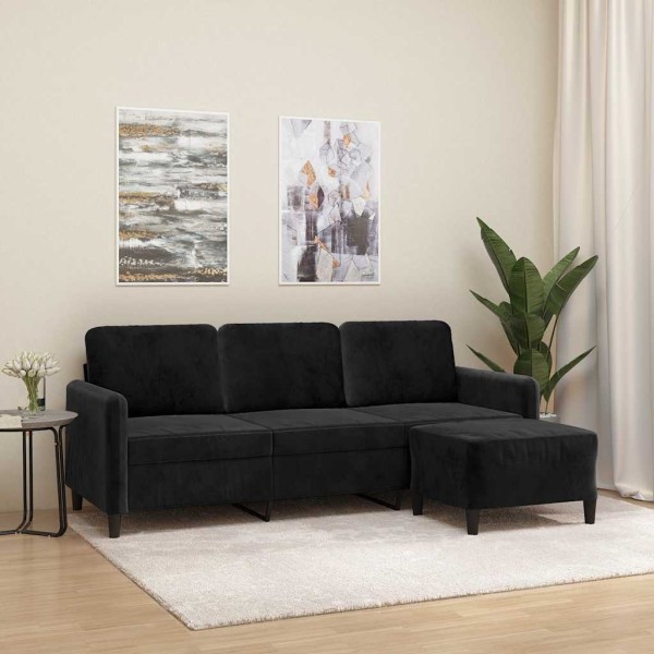 Three-seater sofa with footrest, black, 180cm, velvet