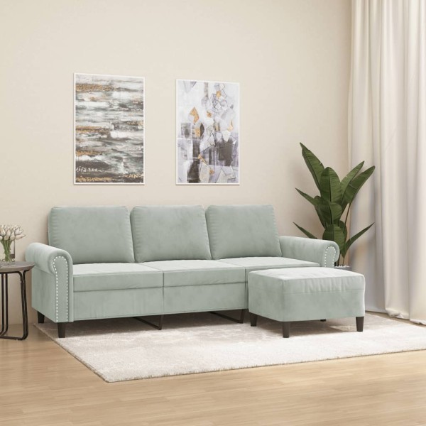 Three-seater sofa with footstool, light gray, 180cm, velvet