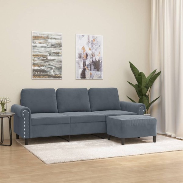 Three-seater sofa with footstool, dark gray, 180cm, velvet