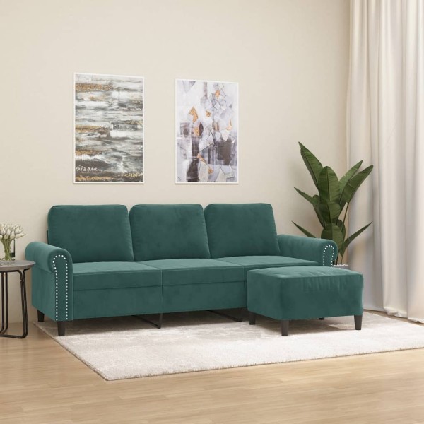 Three-seater sofa with footstool, dark green, 180cm, velvet