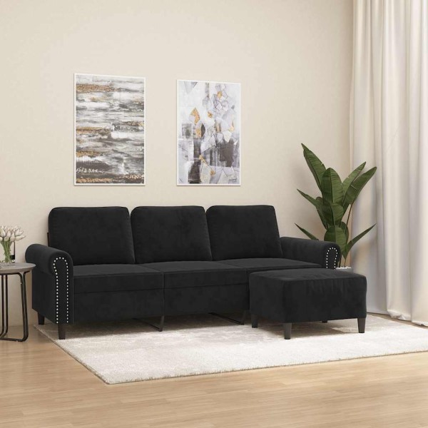 Three-seater sofa with footrest, black, 180cm, velvet