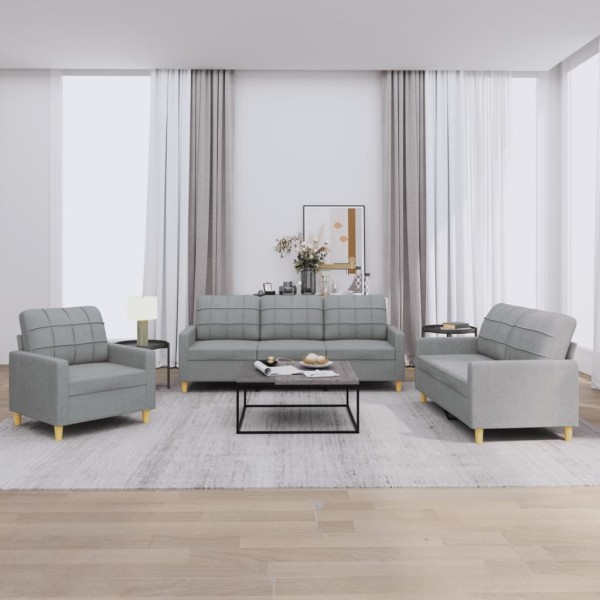 Sofa set with cushions, 3 parts, gray, fabric