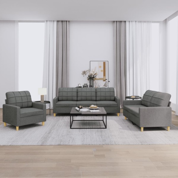 Sofa set with cushions, 3 parts, gray, fabric