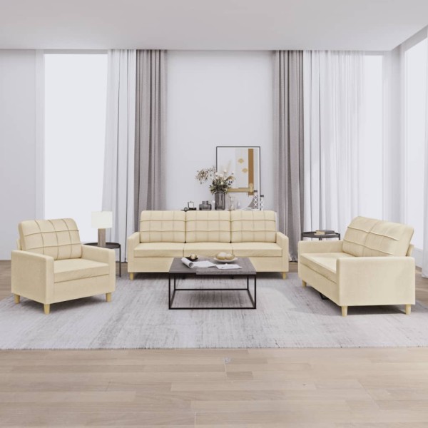 Sofa set with cushions, 3 parts, cream, fabric