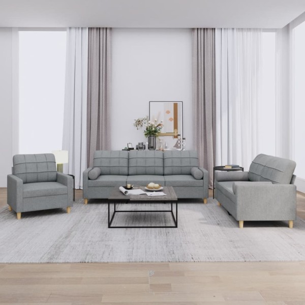 Sofa set with pillows, 3 parts, gray, fabric