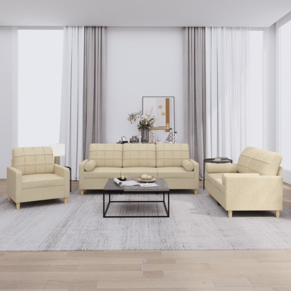 Sofa set with pillows, 3 parts, cream, fabric