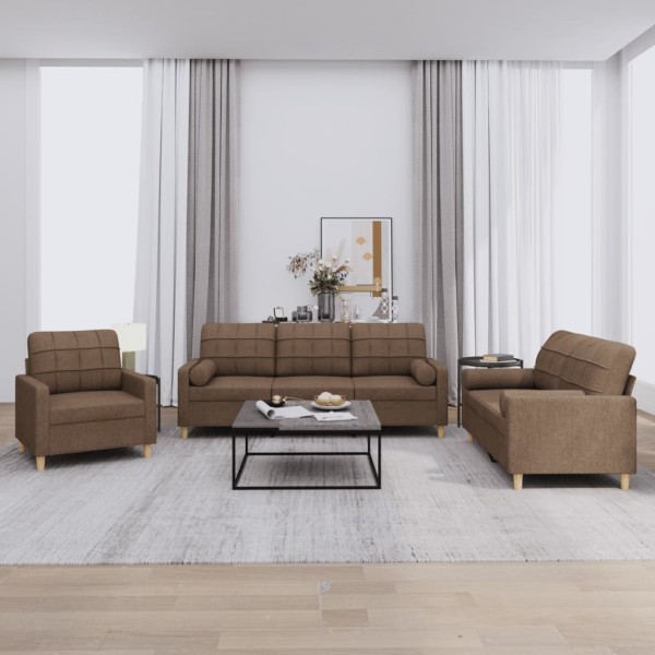 Sofa set with pillows, 3 parts, brown, fabric