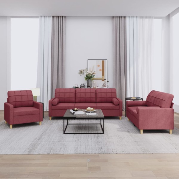 Sofa set with pillows, 3 parts, wine, fabric