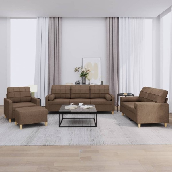 Sofa set with pillows, 4 parts, brown, fabric