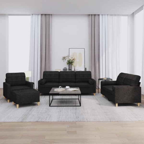 Sofa set with pillows, 4 parts, black, fabric