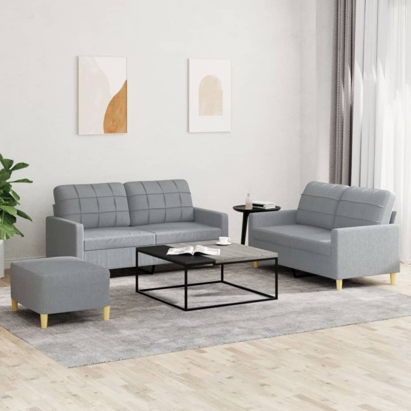 Sofa set with cushions, 3 parts, gray, fabric