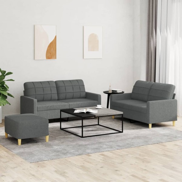 Sofa set with cushions, 3 parts, gray, fabric