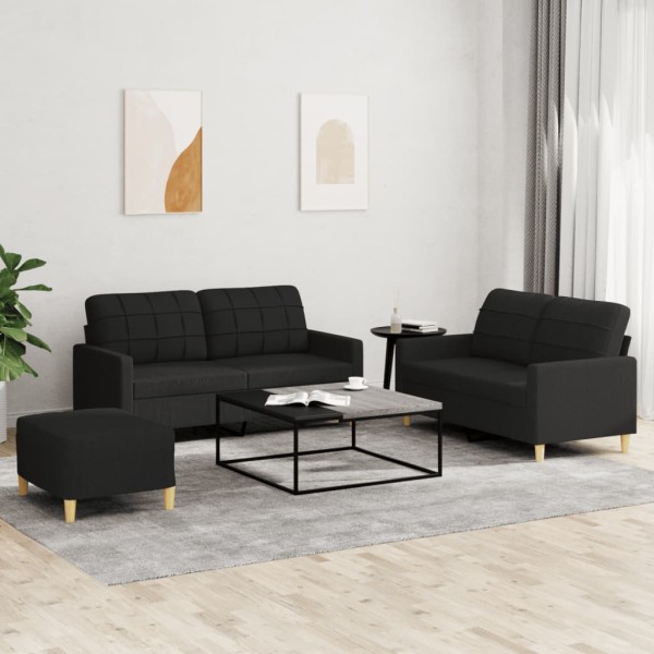 Sofa set with cushions, 3 parts, black, fabric