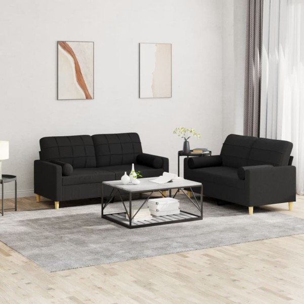 Sofa set with pillows, 2 parts, black, fabric