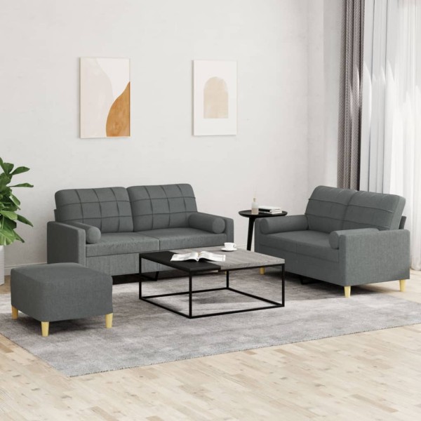 Sofa set with pillows, 3 parts, gray, fabric