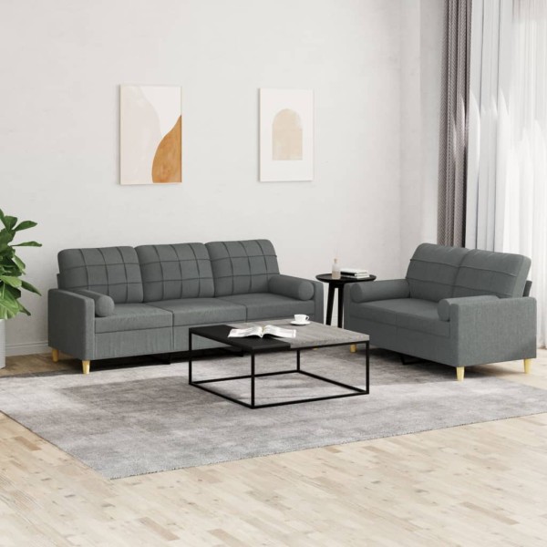 Sofa set with pillows, 2 parts, gray, fabric
