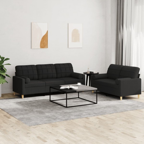 Sofa set with pillows, 2 parts, black, fabric