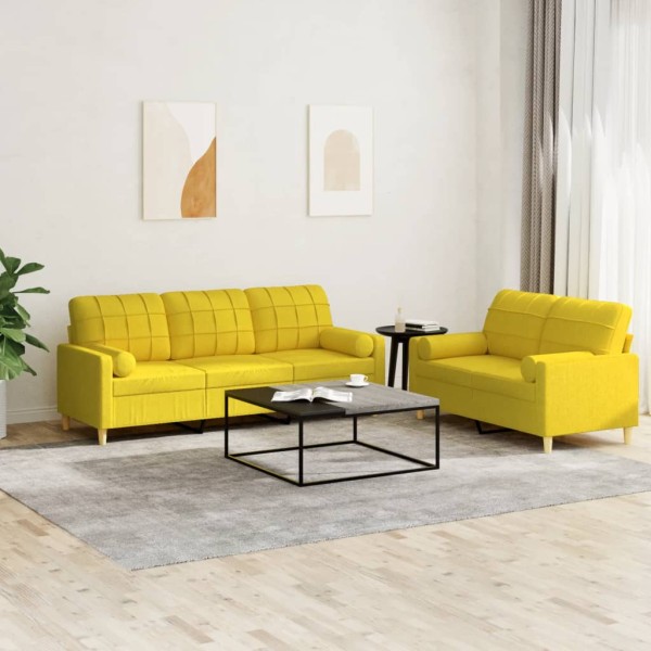 Sofa set with pillows, 2 parts, yellow, fabric