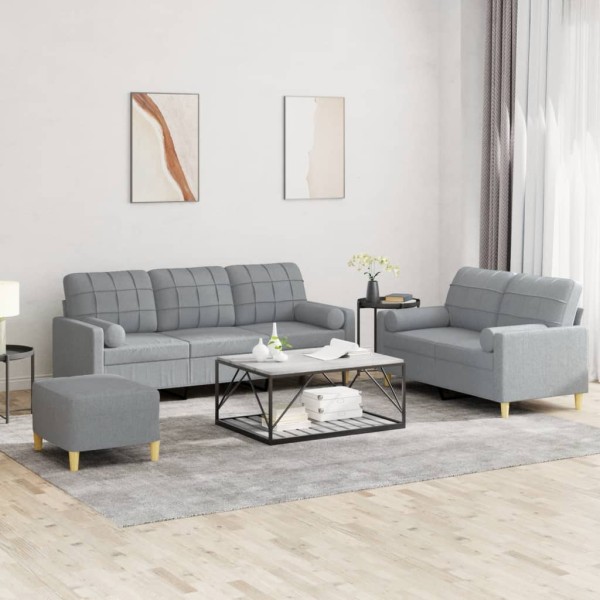 Sofa set with pillows, 3 parts, gray, fabric