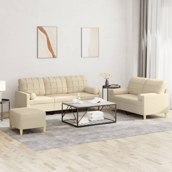 Sofa set with pillows, 3 parts, cream, fabric