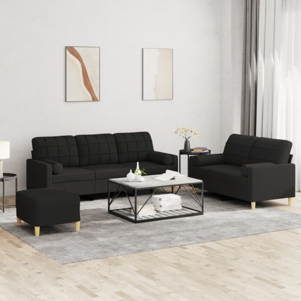 Sofa set with pillows, 3 parts, black, fabric