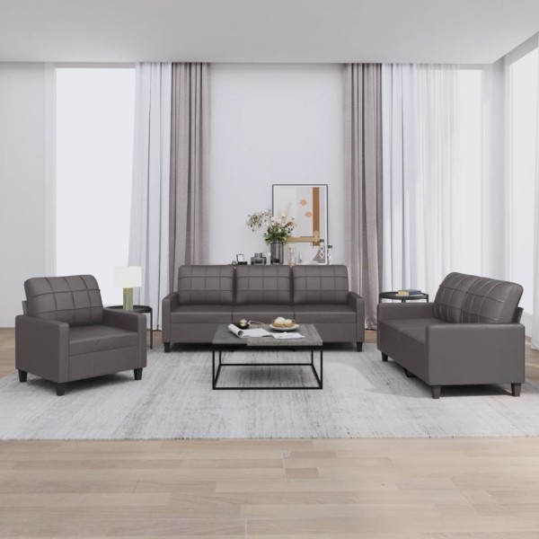 Sofa set with cushions, 3 parts, gray, artificial leather