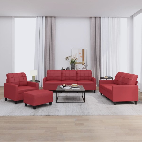 Sofa set with cushions, 4 pieces, wine, artificial leather