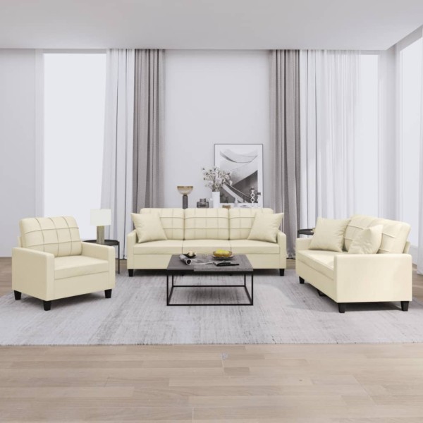 Sofa set with pillows, 3 parts, cream, artificial leather