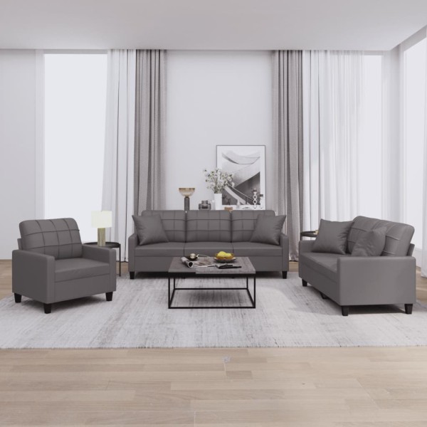 Sofa set with pillows, 3 parts, gray, artificial leather