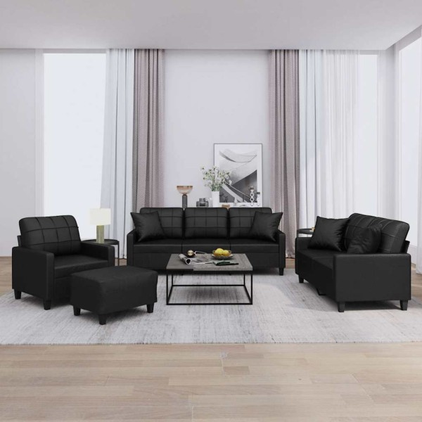 Sofa set with pillows, 4 pieces, black, artificial leather