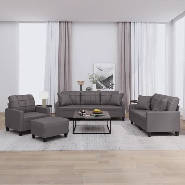 Sofa set with pillows, 4 parts, gray, artificial leather