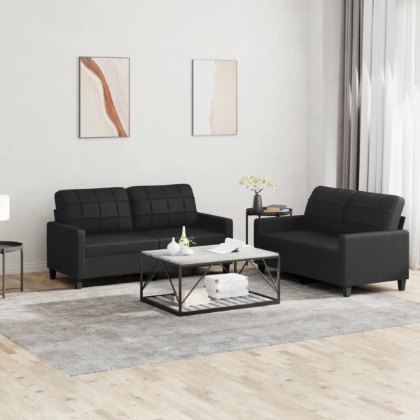Sofa set with cushions, 2 parts, black, artificial leather