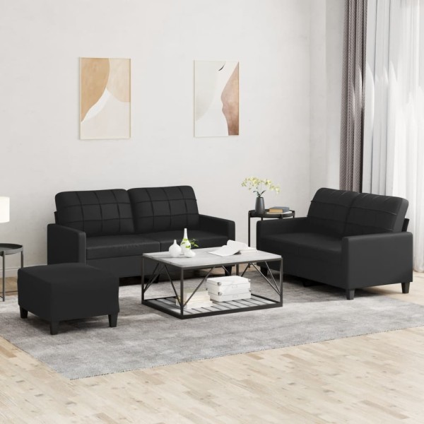 Sofa set with cushions, 3 parts, black, artificial leather