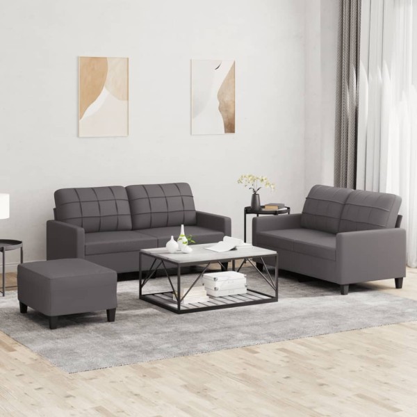 Sofa set with cushions, 3 parts, gray, artificial leather