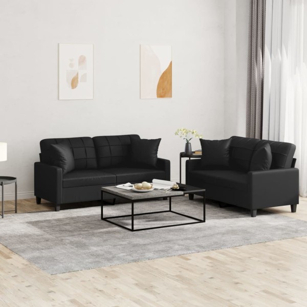 Sofa set with pillows, 2 parts, black, artificial leather