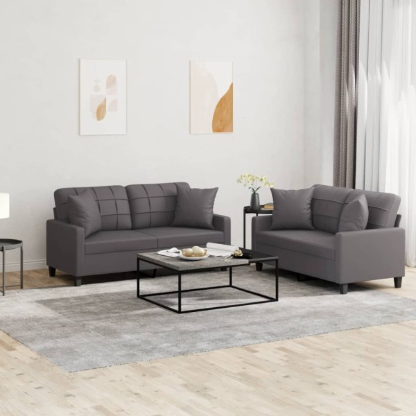 Sofa set with pillows, 2 parts, gray, artificial leather