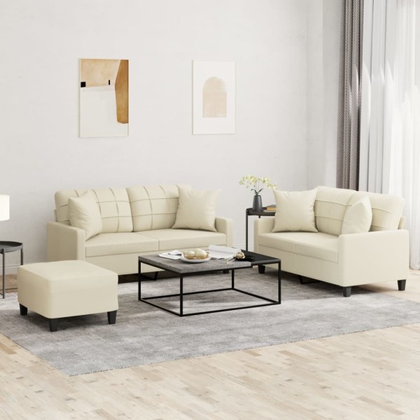 Sofa set with pillows, 3 parts, cream, artificial leather