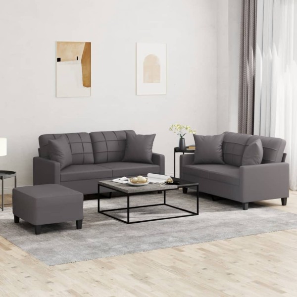 Sofa set with pillows, 3 parts, gray, artificial leather