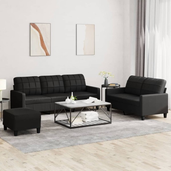 Sofa set with cushions, 3 parts, black, artificial leather