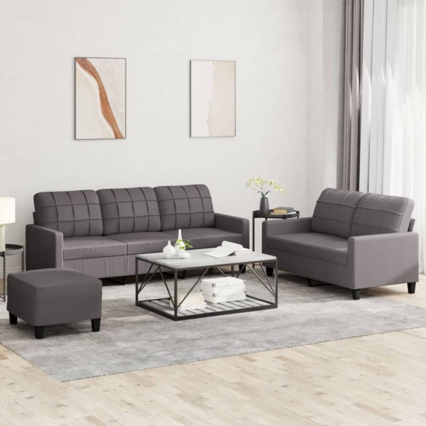 Sofa set with cushions, 3 parts, gray, artificial leather