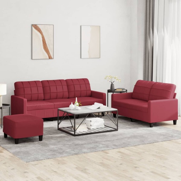 Sofa set with cushions, 3-piece, wine, artificial leather