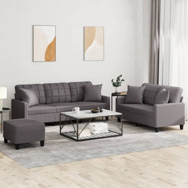 Sofa set with pillows, 3 parts, gray, artificial leather