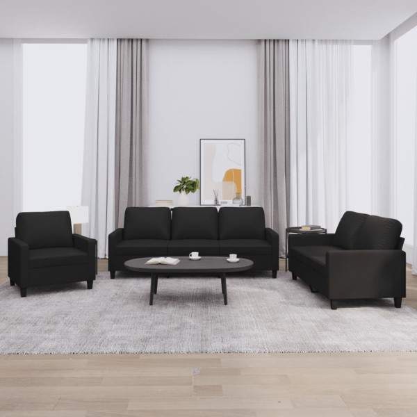 Sofa set with cushions, 3 parts, black, artificial leather