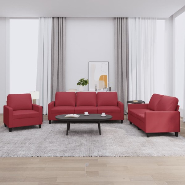 Sofa set with cushions, 3-piece, wine, artificial leather